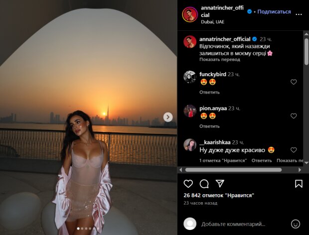 Скрин публикации Анны Тринчер