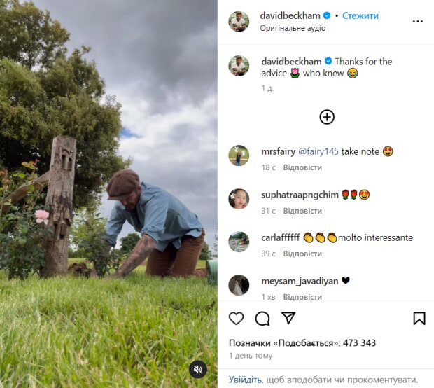 Скрин публикации Дэвида Бекхэма