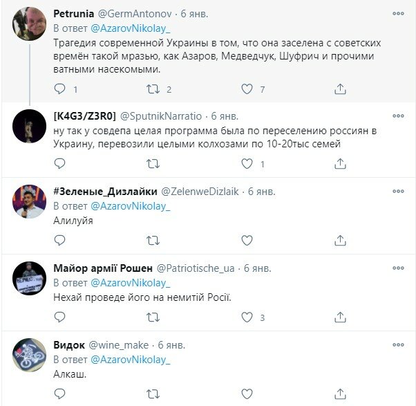 комментарии под постом Николая Азарова в Twitter