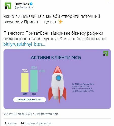 Пост Приватбанку в Twitter