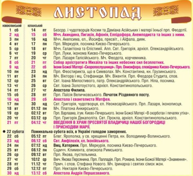 Календарь церковных праздников на ноябрь 2025 года